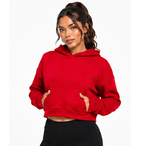 OEM Custom Design <b>Women</b> Cropped Hoodie <b>Red</b> Solid Color Long Sleeve Hooded <b>Sweatshirt</b> Casual Autumn Wear Breathable Hoodie - Product Image 1