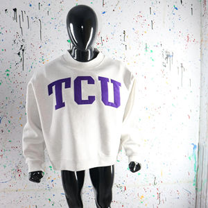 TCU ASH GREY <b>Mock</b> <b>Neck</b> Sweatshirt 100% PURPLE Applique Embroidery wide <b>neck</b> Sweatshirt Finer Threads - Product Image 1