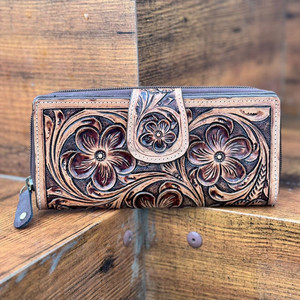 กระเป๋าสตางค์หนังวัวผู้หญิงแบบพับสองทบทำด้วยมือทำจากหนังวัวแท้กระเป๋าสตางค์ผู้หญิงหนังแท้ลายดอกไม้สีน้ำตาล - Product Image 2