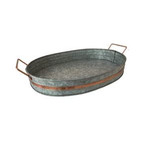 Farmhouse Galvanized Metal Oval Serving <b>Tray</b> With Copper Trim Decorative Centerpiece For Kitchen & Home Decor In Lowest Price - Product Image 2