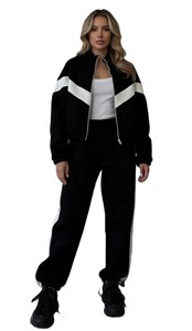 Girls Black <b>White</b> Color Blocking Tracksuit Full Sleeve Half-Zip Sporty <b>Jogger</b> Set Autumn Loose Fit Breathable Polyester 2-Piece - Product Image 2