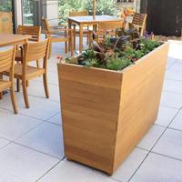 Grand bac à plantes rectangulaire en bois avec feuillage vert dense, jardinière surélevée rustique pour extérieur, aménagement paysager décoratif pour la maison