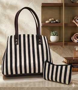 Striped Canvas Tote <b>Bag</b> <b>Women</b> Shoulder Handbag Matching Pouch All Seasons Fashion Zippered for Daily Travel <b>Beach</b> - Product Image 3