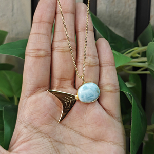 Unique Style Brass 18k Gold Plated Fish Shape Oval Cabochon Larimar Pendant Women's Chain Handmade Jewelry Gift Wedding - Product Image 5