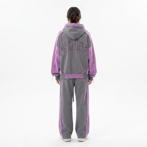 Custom Gray <b>Purple</b> Color Block Hoodie Wide Leg Sweatpants Set Cotton Fleece Streetwear <b>Tracksuit</b> OEM Wholesale - Product Image 2