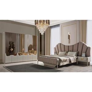 Ensemble de chambre à coucher moderne de luxe en teck massif, style Art Déco, lit king size capitonné à festons avec armoire et coiffeuse - Product Image 1