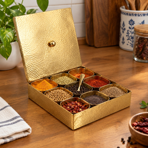 Square Hammered Brass Spice Box Masala Dabba 9 Compartments With Spoon Luxury Kitchen Spice <b>Container</b> Wholesale Manufacturer - Product Image 2