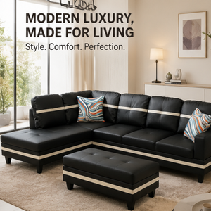 Ensemble de canapés en cuir de luxe de style moderne, sectionnel en L pour chambre à coucher, avec accoudoirs carrés et dossier capitonné, mobilier de salon écologique - Product Image 5