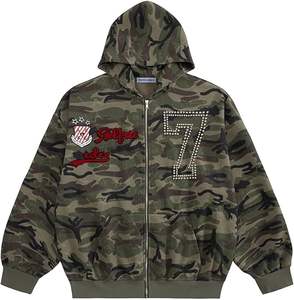 Sweat à capuche zippé avec graphisme Y2K clouté, coupe oversize, style streetwear vintage, 100% polyester, brodé, ODM - Product Image 1