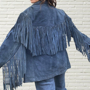 Premium Blue Genuine <b>Suede</b> <b>Leather</b> Women Fringe <b>Jacket</b> Loose Fit Regular Length Button Closure <b>Jacket</b> Customization Available - Product Image 2