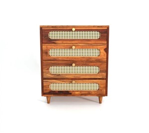 Cómoda Moderna de Mediados de Siglo con Cajones de Madera Maciza y Ratán |   Cómoda de 4 cajones con mimbre |   Muebles para el Hogar y Dormitorios al por Mayor - Product Image 3