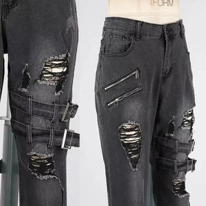 Pantalones vaqueros desgastados de moda para hombre, lavado claro, estilo Kot Denim, con bordados, estilo cargo. - Product Image 3