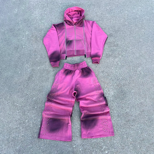 Custom Spray Fade Rhinestone Hoodie Set Heavyweight <b>Crop</b> <b>Zip</b> <b>Up</b> Fleece Tracksuit Vintage Yellow Acid Wash Streetwear Sweatpants - Product Image 6