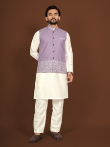 <b>Men's</b> <b>White</b> Cotton Smooth Shiny Silk Kurta Purple Embroidered <b>Vest</b> Traditional Indian Wedding Party Diwali Attire Knee-Length - Product Image 1