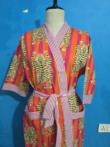 ชุดคลุมอาบน้ำผ้าฝ้ายแท้พิมพ์ลายบล็อกอินเดีย ชุดกิโมโนฤดูร้อนลายเสือ ชุดคลุมชายหาด/ชุดคลุมกิโมโนสำหรับคนท้องใส่สบาย ชุดคลุมอาบน้ำสำหรับฤดูใบไม้ผลิ ของขวัญ - Product Image 4