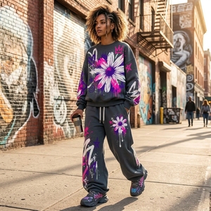 Women's Black Floral Graphic Crewneck Sweatshirt Wide Leg Pants <b>Tracksuit</b> <b>Set</b> Purple <b>Pink</b> Graffiti Streetwear Custom Apparel OEM - Product Image 5