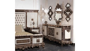Luxury Neoclassical Solid Teak Wood Bedroom Set King Size Bed with Grand <b>Mirrored</b> Wardrobe 2 Nightstands and Dressing <b>Table</b> - Product Image 5