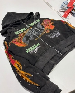 Men's <b>Black</b> Hooded Crop Zipper <b>Sweatshirt</b> With Flame Print And Rhinestone Logo Streetwear Style Oversized Fit Autumn Wear - Product Image 4
