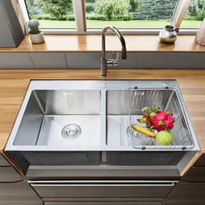 Élégante évier de cuisine double à montage supérieur en acier inoxydable 304, fait main, finition satin brossé, bon prix, usine du Vietnam - Product Image 1