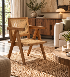 Silla de madera moderna de mediados de siglo con asiento y respaldo de mimbre, patas cónicas, muebles para sala de estar al aire libre - Product Image 1