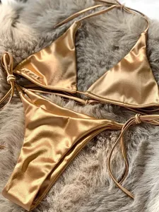 Ensemble bikini sexy pour femme, haut triangle à nouer, bas string, deux pièces, couleur unie, extensible, séchage rapide, plissé, maillot de bain pour vacances à la plage - Product Image 1