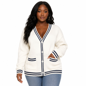 Cosh International Sorority Sisterhood Acrylic White Knitted <b>Cardigan</b> V-Neck Long Sleeve Preppy Style With <b>Navy</b> Trim And Buttons - Product Image 1