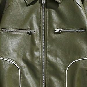Chaqueta de Cuero para Hombre, Estilo Bomber, Cuello Camisero, Cierre de Cremallera, Color Sólido, Manga Regular, Estilo Casual Otoñal - Product Image 5