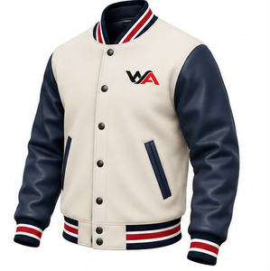 Blouson universitaire homme crème et bleu marine à la mode avec logo lettre rouge et blanc, fermeture boutonnée sur le devant, style preppy, OEM - Product Image 5
