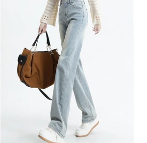 Jeans de Mujer de Talle Grande, Cintura Alta, Pierna Ancha, Desgastados, Corte Holgado, Largos, de Algodón, Estilo Casual Otoñal, Pantalones Vaqueros Rotos - Product Image 1