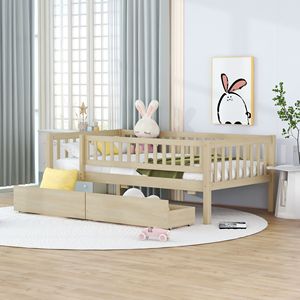 Divano letto in legno a una piazza e mezza con due cassetti, colore naturale - Product Image 1