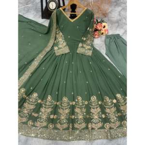 Conjunto de Traje Verde Talla M para Mujer de Valam Fashion, Vestido Anarkali para Fiesta con Pantalón y Dupatta, Look Elegante y Moderno - Product Image 3