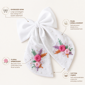 Moño para el Cabello de Algodón Bordado a Mano con Diseño Floral y Adorno de Perlas, Accesorio Decorativo para el Cabello de Gran Tamaño - Product Image 6