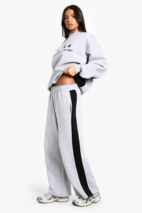 Unique Design Grey Women's Petite Side Stripe Tape Wide Leg Joggers Terry Fleece Soft Touch Sweatpants Women's Pants And <b>Trouser</b> - Product Image 5