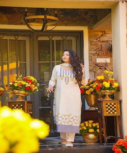 ชุดทำงานพิมพ์ลายแฟนซี USLIN พร้อมผ้าคลุมไหล่ สำหรับงานเทศกาล ราคาขายส่ง เสื้อผ้าชาติพันธุ์ สีน้ำเงินขาว - Product Image 5