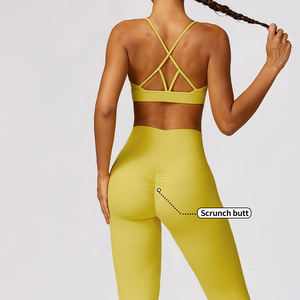 Ensemble de yoga pour femmes, haut court sans couture jaune, dos nageur, leggings taille haute longueur intégrale, 2 pièces, spandex, polyester - Product Image 3