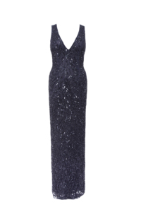 Robe de soirée de luxe bleu marine à sequins |   Col en V pour femmes |   Sans manches et dos nu |   Robe de soirée moulante |   Élégant |   Robe longue - Product Image 1