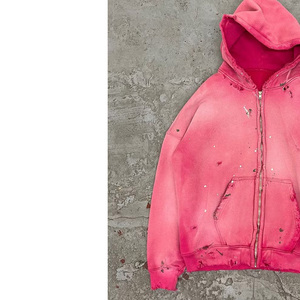 เสื้อฮู้ดดี้ย้อมสีแบบแอซิดวอชสำหรับผู้ชาย ผ้าฝ้ายหนานุ่ม เฟรนช์เทอร์รี่ สีชมพูวินเทจซีดจาง ซิปหน้า สไตล์ดิสเทรส แบบสวมหัว สไตล์วิทยาลัย - Product Image 3