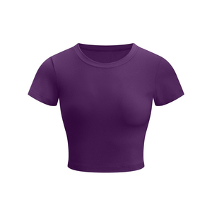 Camiseta Corta Morada para Mujer, Cuello Redondo, Manga Corta, Corte Ajustado, Tejido de Punto, Color Sólido, Informal, para Todas las Temporadas - Product Image 1