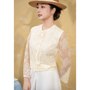 Blusas Transpirables de Encaje Floral Crema para Mujer, Estilo Casual de Verano para Vacaciones, con Cuello de Lazo y Manga Larga, GALI - Product Image 4