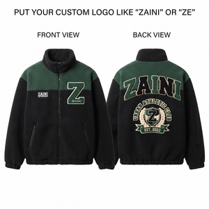 240 GSM Soft Polar Fleece <b>Running</b> <b>Jacket</b> Black Green Color Block Panel Custom Chenille Patch Embroidery ODM Waterproof - Product Image 1