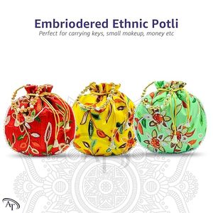 Indian Handmade Potli Bag Women's Embroidered Clutch Purse <b>Pouch</b> <b>Drawstring</b> Bag Adjustable Flexible Design Precision-Made - Product Image 2