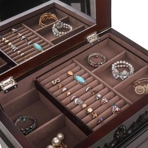 Armadio Portagioie Marrone con 8 Cassetti, 16 Ganci per Collane, 2 Ante Laterali a Battente, Specchio Incluso, Organizzatore per Gioielli - Product Image 4