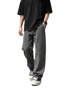 Jean en denim de coton pour homme, coupe ample à jambe large, taille mi-haute, délavé, écologique, vintage, couleur unie, pour l'automne - Product Image 1