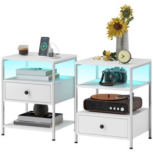 Set of 2 White LED-Light <b>Side</b> <b>Tables</b> with Charging Stations <b>Drawer</b> and Shelves for Living Room End <b>Tables</b> - Product Image 1