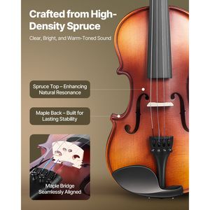 Set Violino per Adulti 1/2 con Custodia Rigida, Resina, Arco, Spalliera, Accordatore, Ponticello, Tastiera in Plastica e Arco in Legno per Studenti - Product Image 2