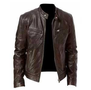 <b>Men's</b> Genuine <b>Leather</b> Waterproof Moto <b>Jacket</b> Stand Collar Zipper Closure Slim Fit Autumn Style Solid Color Finished Front Logo - Product Image 5