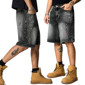 Pantalones Cortos de Mezclilla 100% Algodón Ecológico para Hombre, Estilo Vintage con Pedrería, Cierre de Cremallera, Estilo Hip Hop - Product Image 2