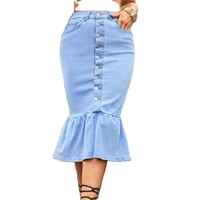 Jupe en jean taille haute évasée mi-mollet pour femme, style vintage, respirante, délavée, accessoire printemps-été-automne, 100% couleur délavée à la pierre