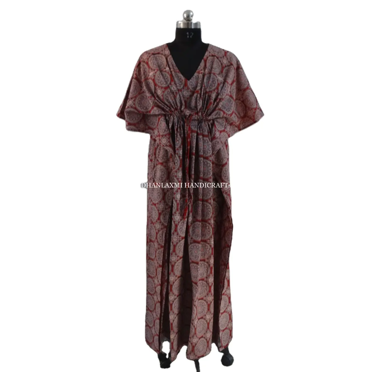 Indian Burgundy Wholesale Gown Beach Wear Loose Maternity Wear Ajrakh Print Evening Tunic Cotton Kaftan Dress Soft & Comfortable