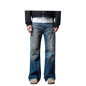 Pantalones Vaqueros Anchos de Mezclilla Oscura 100% Algodón de 14 Oz para Hombre, Estilo Streetwear, con Parches y Bolsillos, Fabricados a Medida - Product Image 3
